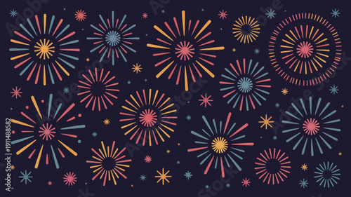 A vibrant display of fireworks in shades of red blue and gold bursts across a dark navy background creating a festive atmosphere high quality professional detailed