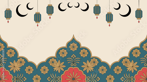 An ornate islamic style background featuring teal and gold lanterns crescent moons and a detailed floral pattern at the bottom high quality professional modern elegant stylish