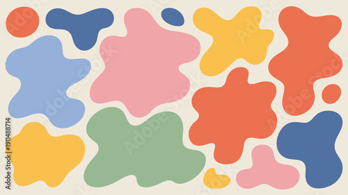 An abstract composition features irregularly shaped colorful blobs scattered across a light beige background creating a playful pattern high quality professional detailed modern elegant stylish clean