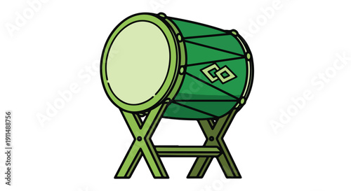Green drum with stand against a clean white background, featuring a simple design with black lines and a gold emblem, conveying a sense of celebration during Eid AlFitr or Ramadhan