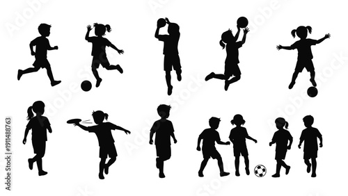 Children playing soccer in various dynamic poses and actions Vector
