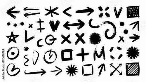 A collection of hand drawn black symbols and doodles including arrows stars crosses and geometric shapes scattered on a white background high quality professional detailed modern