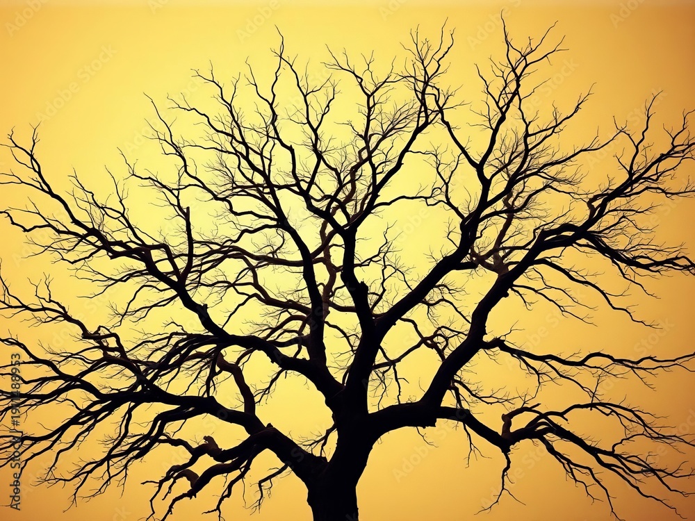 Fototapeta premium A skeletal silhouette of a venerable tree against a desaturated sky, its limbs reaching like forgotten memories, filmed through time's soft haze, faded film grain, atmospheric