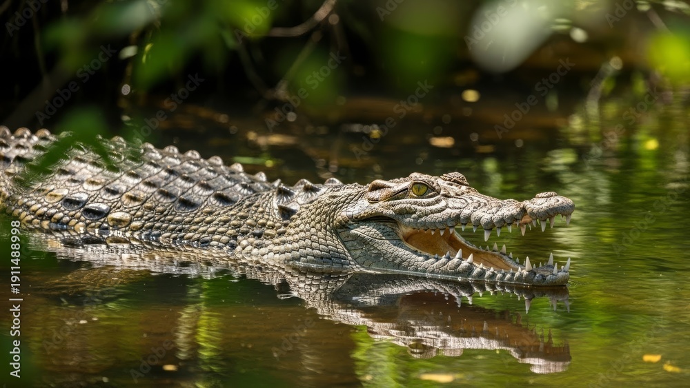 Obraz premium A large saltwater crocodile with its mouth open, submerged in murky green water, reflecting dappled sunlight among lush foliage. A wild reptilian predator in its natural habitat