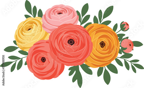 Watercolor illustration of colorful roses and leaves bouquet arrangement