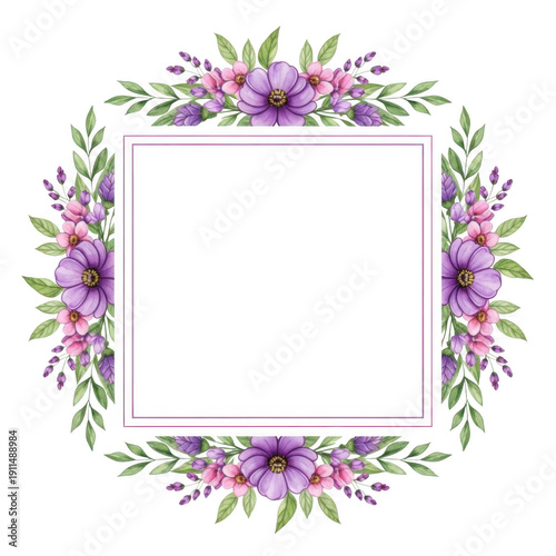 Intricate floral design with purple flowers and green leaves forming a square frame isolated on transparent background