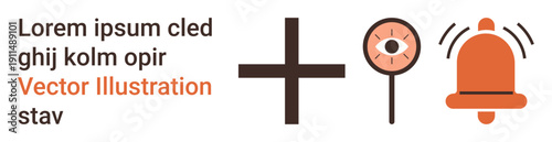Security, alert systems, information search, online notifications, data monitoring, digital communication. Plus sign, magnifying glass with eye notification bell. Security and alert systems concept