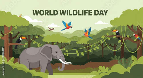 World wildlife day illustration of elephant toucans and birds in forest with green trees and foliage