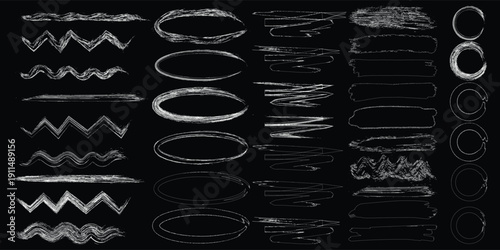 Wallpaper Mural White Chalk Brush Strokes and Frames on Black Background, Hand Drawn Grunge Lines, Circles and Zigzag Shapes Set, Abstract Chalk Scribble Elements Collection Isolated Torontodigital.ca