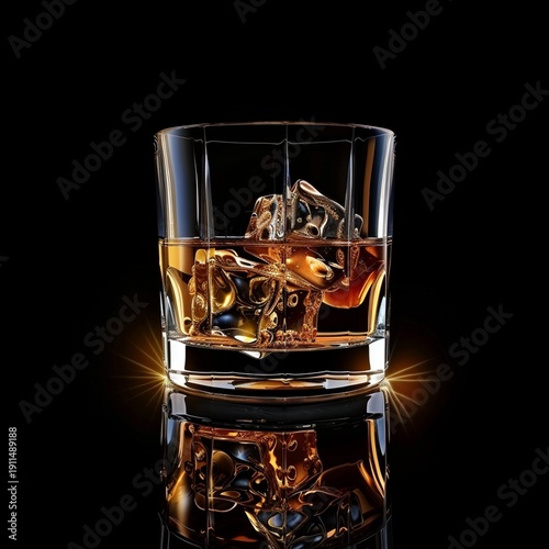 Whiskey on the rocks, with sparkles under the glass, reflected on the black floor and black background