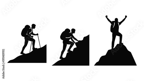 Three climbers ascending a mountain with determination and triumph. Vector