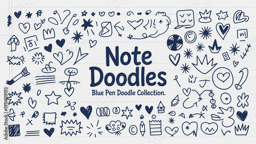 A colorful collection of hand drawn doodles and whimsical sketches fills a lined paper background showcasing playful blue pen illustrations high quality professional detailed modern elegant