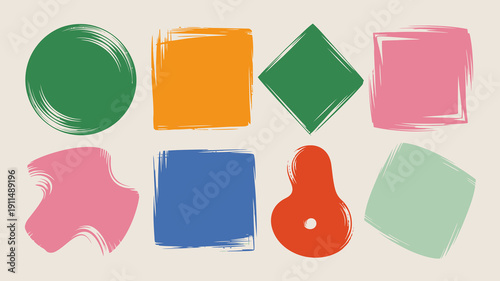 An assortment of brightly colored geometric shapes and abstract brushstrokes are displayed against a pale neutral background high quality professional detailed modern elegant stylish clean crisp