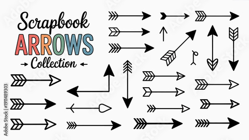 An artistic arrangement displays a collection of various black arrows and the word scrapbook in decorative colorful lettering high quality professional detailed modern elegant stylish clean