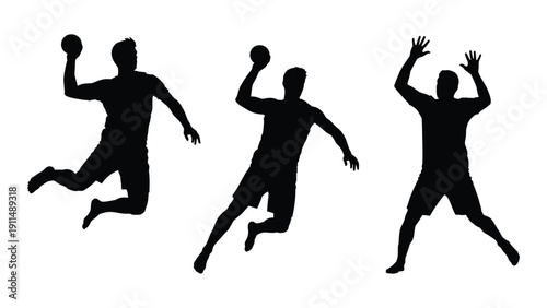 Three silhouettes of athletes in mid-air with a ball, demonstrating dynamic action. Vector