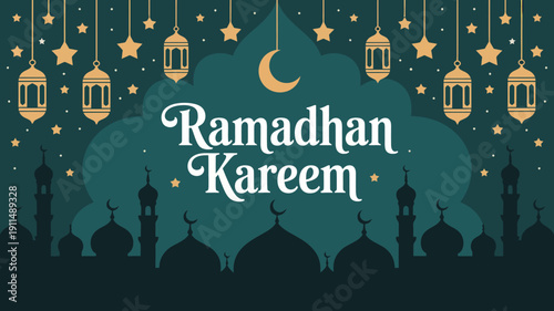 A vibrant ramadan kareem greeting features a crescent moon ornate lanterns and silhouetted mosque structures against a teal background high quality professional detailed modern elegant stylish