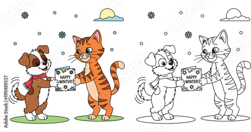 Cute cartoon dog and cat friends exchanging a Happy Winter greeting card together. Happy puppy