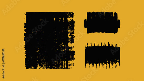 An abstract composition displays three black textured shapes against a solid mustard yellow background evoking a sense of raw artistic expression high quality professional detailed modern