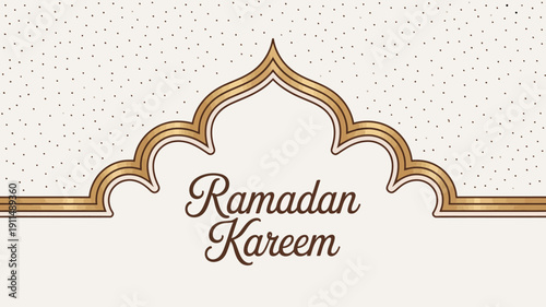An ornate golden islamic archway frames the text ramadan kareem against a light beige dotted background invoking a festive mood high quality professional detailed modern elegant