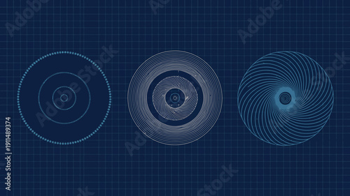 Three concentric circular patterns are displayed against a dark blue grid background showcasing different line densities and styles high quality professional detailed modern elegant stylish clean