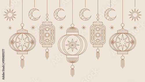 An illustration displays hanging lanterns and celestial motifs including crescent moons and stars in a warm neutral color palette high quality professional detailed modern elegant stylish