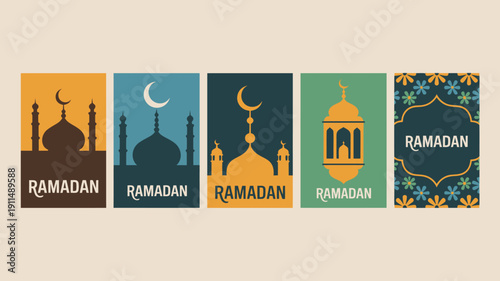 A vibrant collection of five rectangular panels displays islamic motifs and the word ramadan celebrating the holy month with ornate designs high quality professional detailed modern