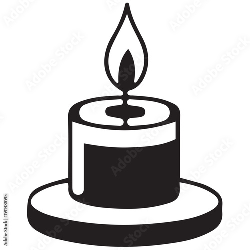 Simple black and white icon of a lit candle on a saucer, representing light, warmth, ambiance, and spiritual ceremony.