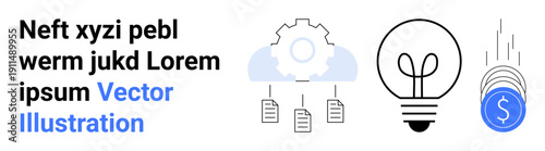 Cloud computing, innovation, technology, data management, creative ideas, economic planning. Gear with cloud, light bulb and coins in motion. Cloud computing and innovation concept