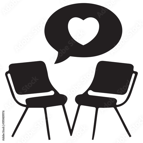 Two chairs facing each other with a speech bubble containing a heart icon, symbolizing love, conversation, therapy, and relationship advice.