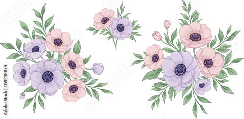 Watercolor illustration of pastel pink and purple anemone flowers with green leaves