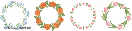 Set of four delicate circular floral wreaths with roses tulips and hearts in flat vector style,
