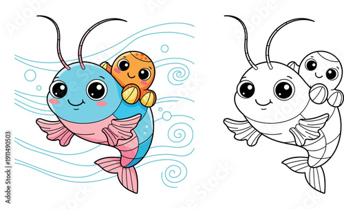 Cute cartoon shrimp swimming with a small orange octopus friend, happy underwater sea animals vector