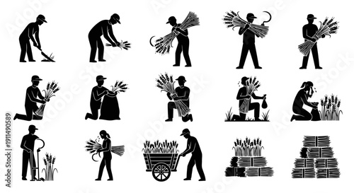 Creative collection of 12 black farmer icons illustrating different wheat harvesting activities displayed in a balanced grid composition. The set includes bending gather pose, tying wheat sheaves