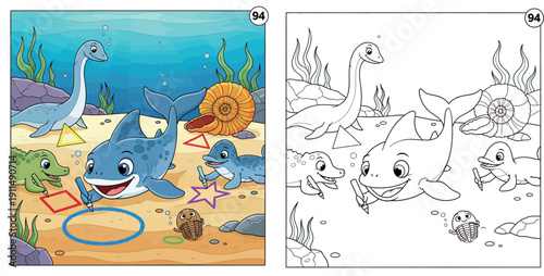 Cute cartoon shark and prehistoric sea animals drawing geometric shapes in the sand, educational underwater vector