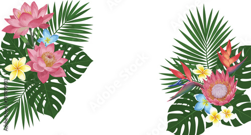 Tropical floral arrangements with exotic leaves and colorful flowers