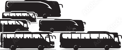 Silhouette of multiple buses in a staggered formation display