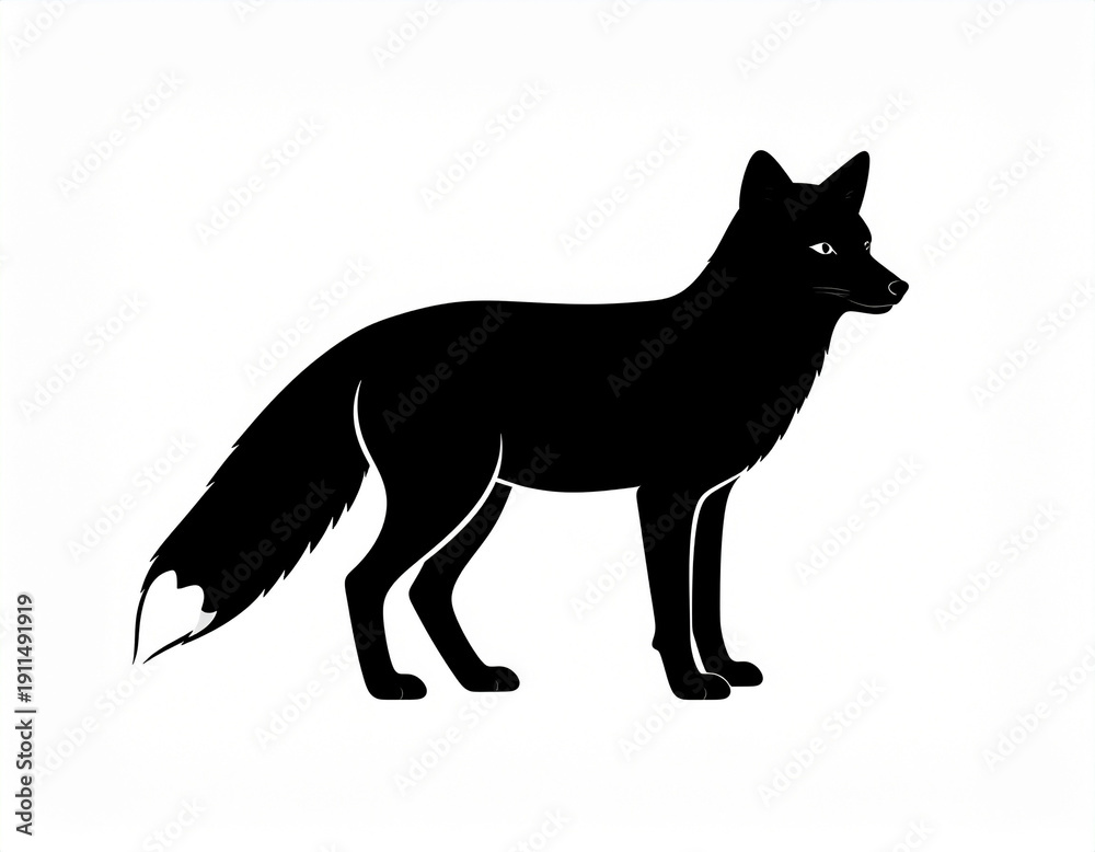 Fototapeta premium Black Fox Silhouette Side View Standing Isolated on White Background
