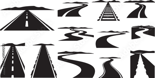 Various black road silhouettes on white background illustration set