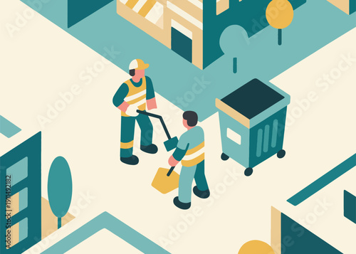 Two Garbage Collectors Collect Trash in the City Illustrator Artwork Creative Design Template 