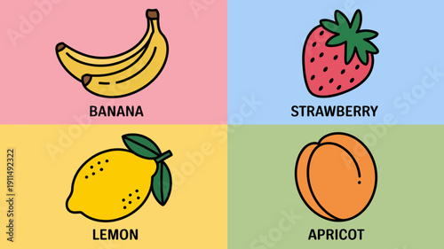 A colorful composition displays four different fruits a banana strawberry lemon and apricot each labeled with its name high quality professional detailed modern elegant stylish clean