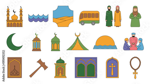 A collection of colorful islamic and religious icons are displayed including mosques a crescent moon and traditional symbols high quality professional detailed modern elegant stylish clean
