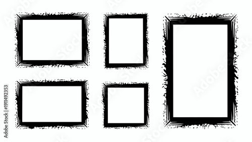 This image displays a collection of six rectangular frames varying in size and orientation all rendered in stark black outlines high quality professional detailed modern elegant