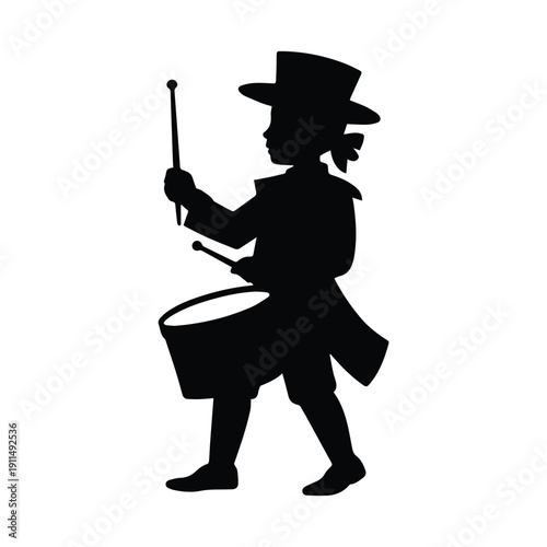 Silhouette of drummer boy marching with drum and drumsticks