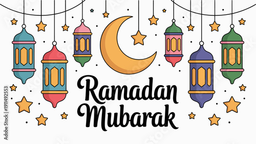 A colorful ramadan mubarak illustration features a crescent moon decorative lanterns and twinkling stars creating a festive and spiritual atmosphere high quality professional detailed modern elegant