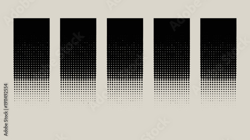 A minimalist composition displays five vertical rectangles each featuring a halftone gradient transitioning from solid black to white high quality professional detailed modern elegant stylish clean