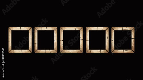 Five rectangular wooden frames are centered against a stark black background creating a minimalist and striking visual composition high quality professional detailed modern elegant stylish clean