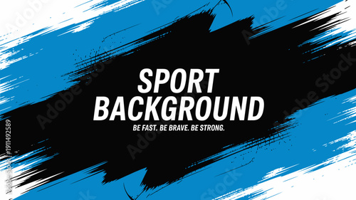 A dynamic background features bold contrasting brushstrokes of black and vibrant blue displaying the word sport in large white lettering high quality professional detailed modern elegant