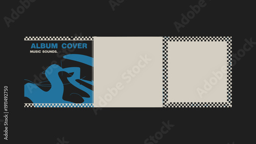 A digital rendering showcases a mock album cover design with a blank space for artwork framed by a checkered border high quality professional detailed modern elegant