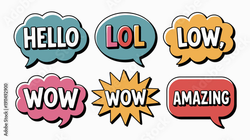A colorful collection of cartoon speech bubbles displays various internet slang expressions like hello lol low wow and amazing high quality professional detailed modern elegant stylish