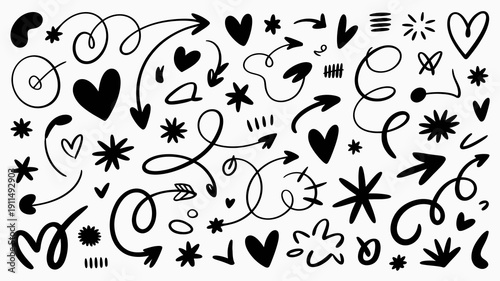 A playful arrangement of black doodle elements fills the frame including hearts stars arrows swirls and various abstract shapes high quality professional detailed modern elegant stylish